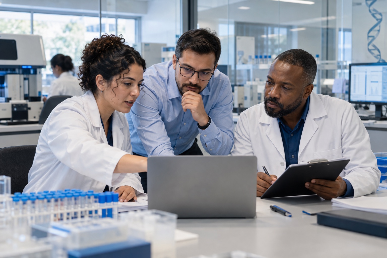Equipe técnica analisando resultados laboratoriais